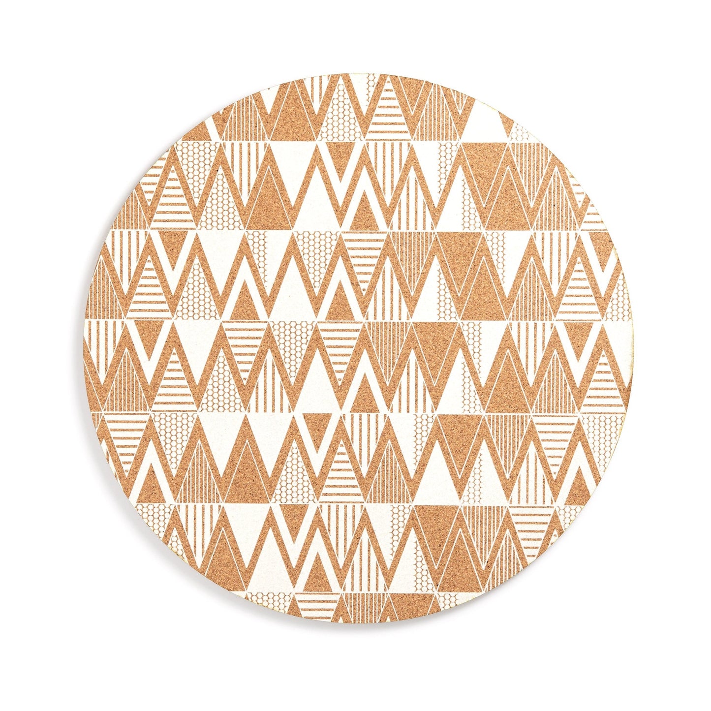 A geometric surface pattern design in white is screen printed onto cork to create a colourful and stylish placemat for dining.
