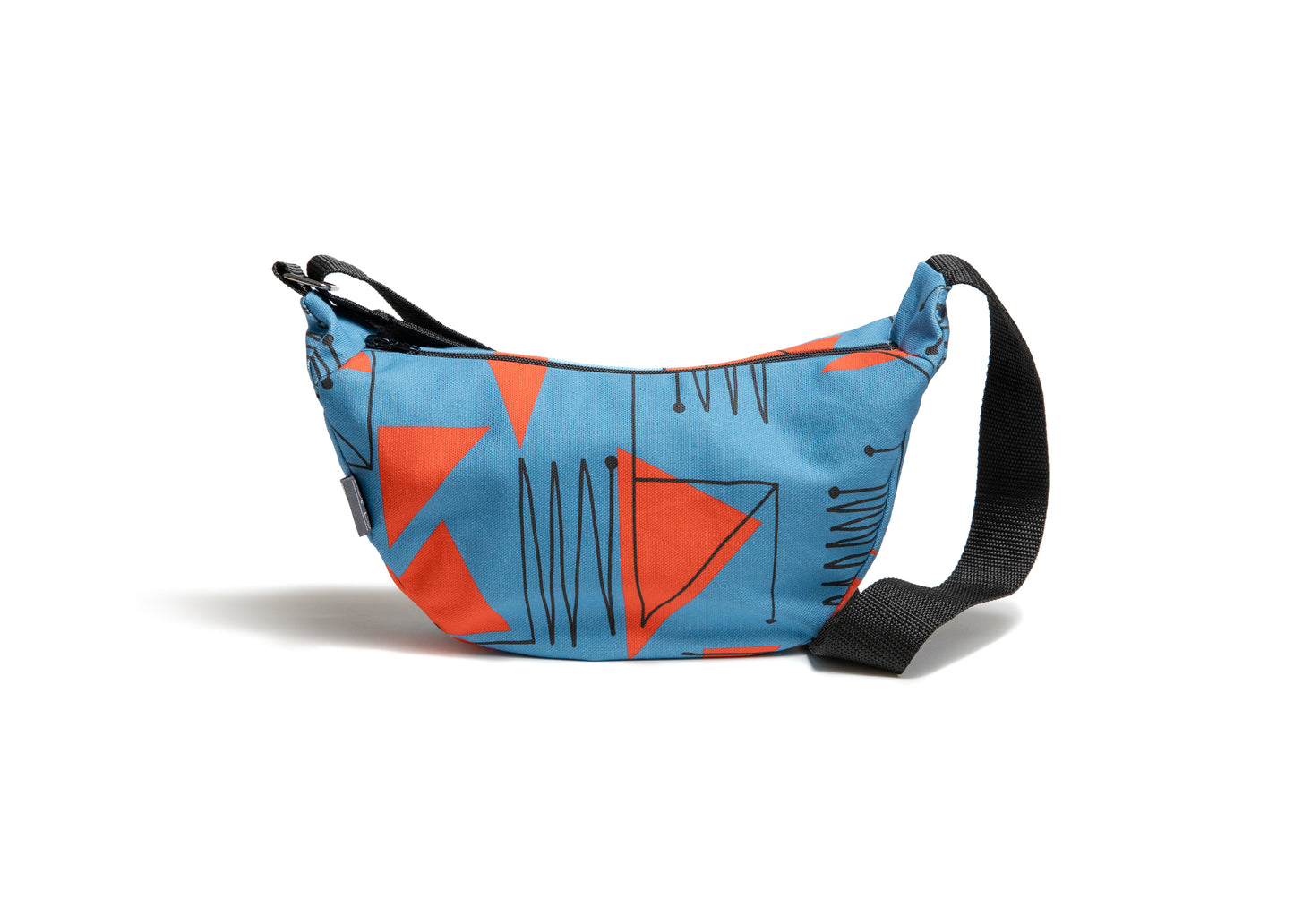 Blue and orange cross body travel bag with black strap on a white background