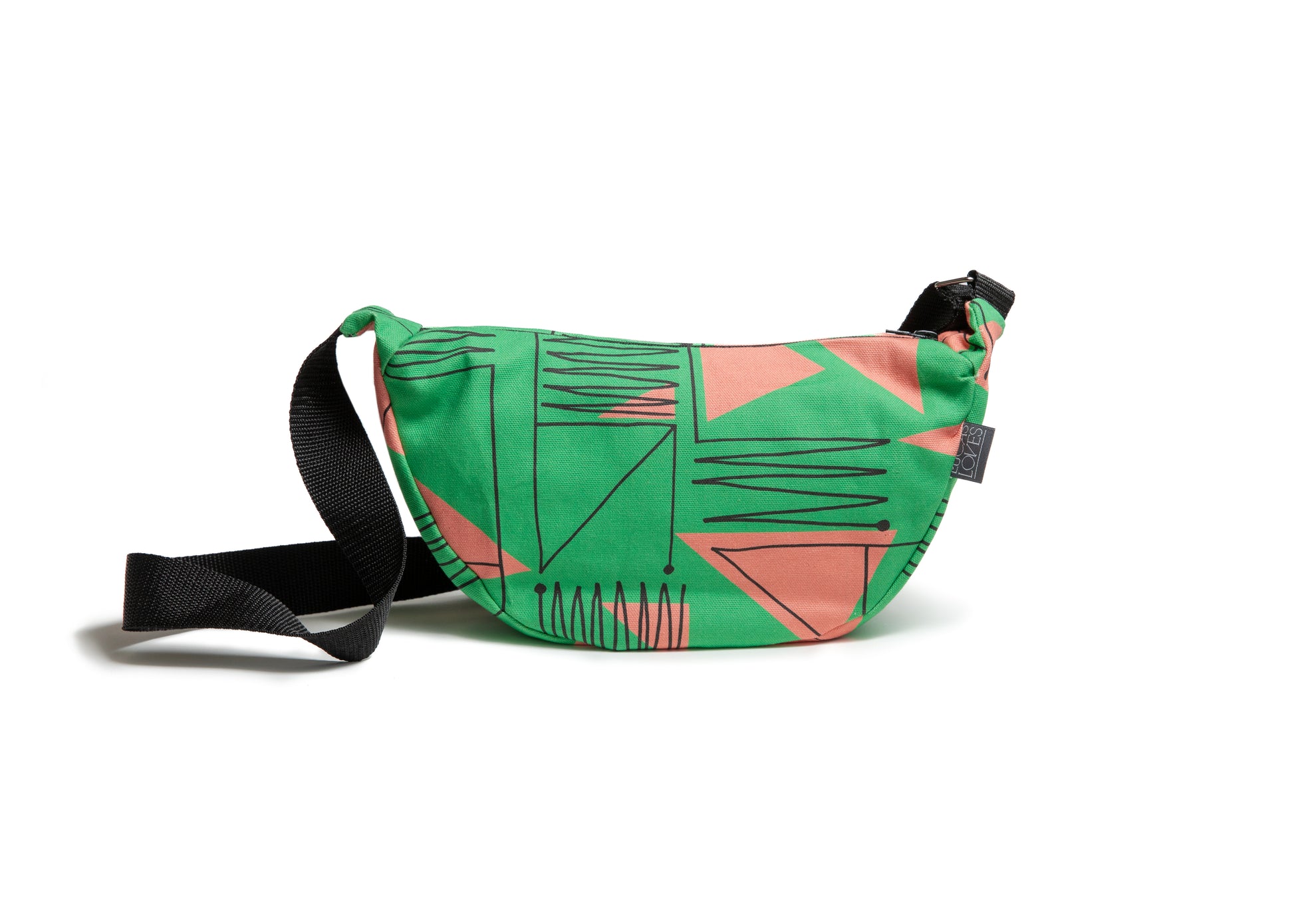 Green and pink patterned waist bag on a white background