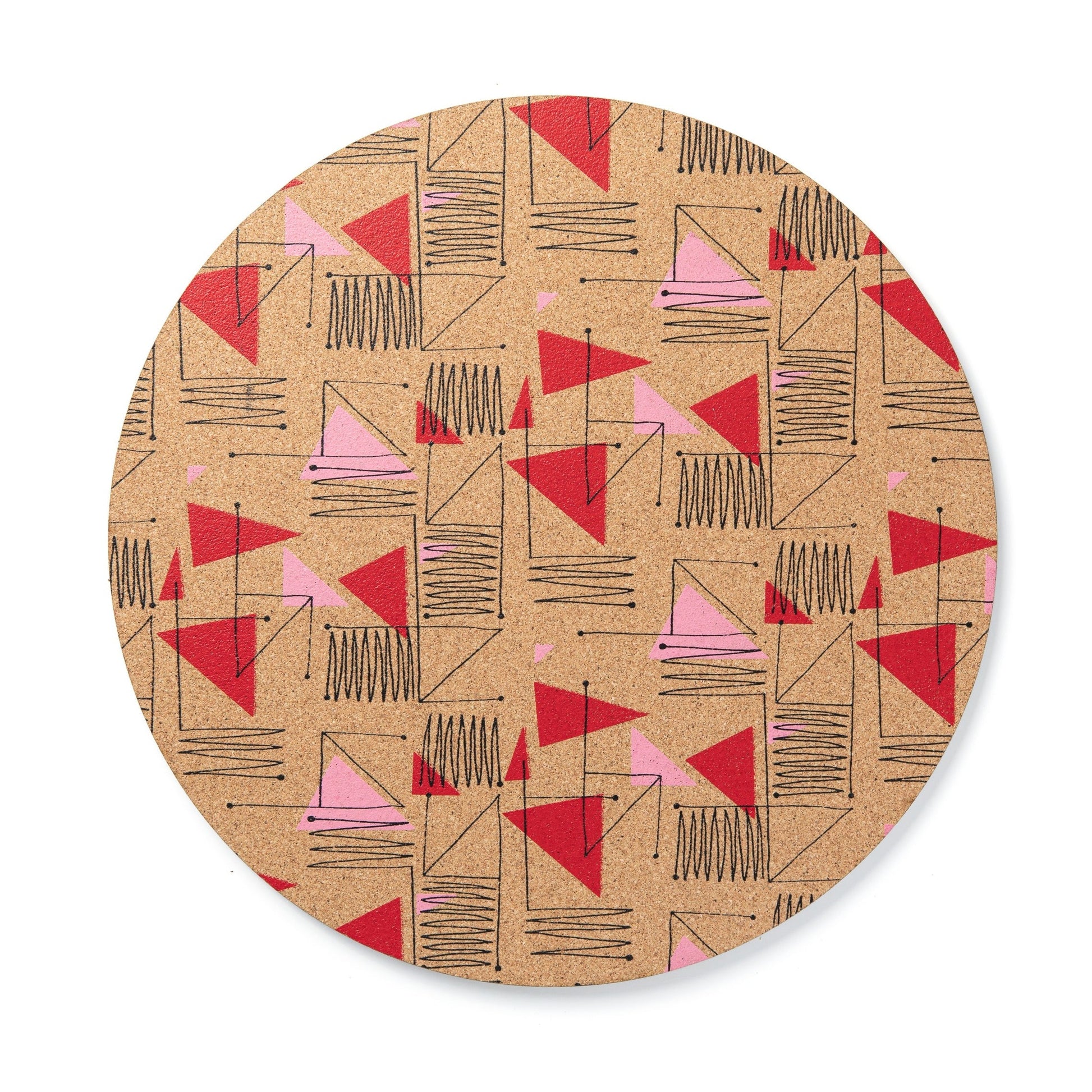 A 1950's inspired surface pattern design, red and pink is screen printed onto cork to create a colourful and stylish placemat for dining.
