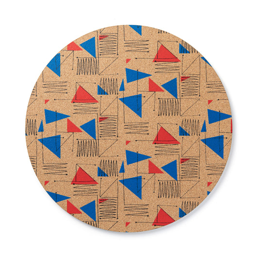 A 1950's inspired surface pattern design in blue and red is screen printed onto cork to create a colourful and stylish placemat for dining.