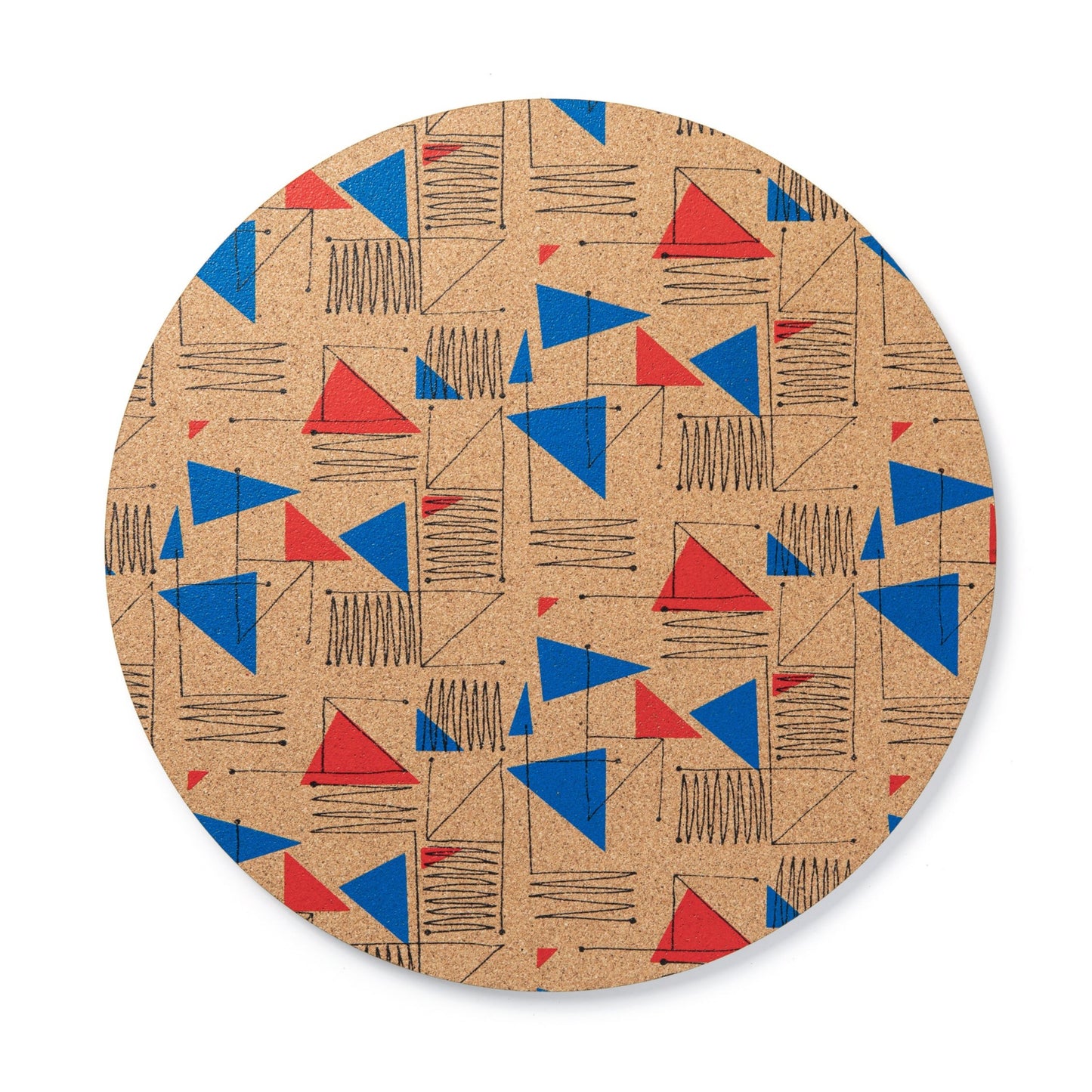 A 1950's inspired surface pattern design red and blue is screen printed onto cork to create a colourful and stylish placemat for dining.