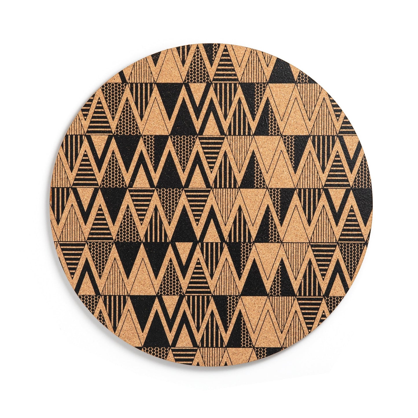 A geometric surface pattern design in black is screen printed onto cork to create a colourful and stylish placemat for dining.